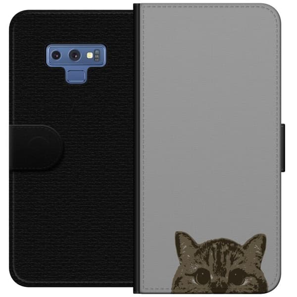 Samsung Galaxy Note9 Plånboksfodral Grå Kattblick – stilren kattdesign med grå bakgrund
