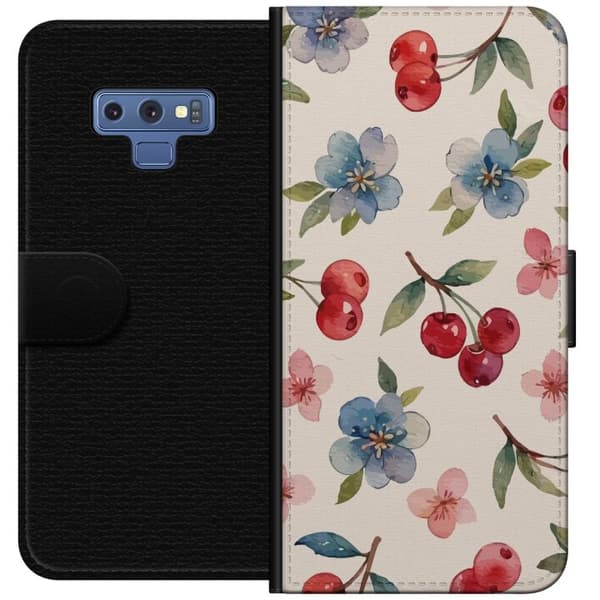 Samsung Galaxy Note9 Plånboksfodral Bär & Blommor – mönster med blå blommor och skogsbär