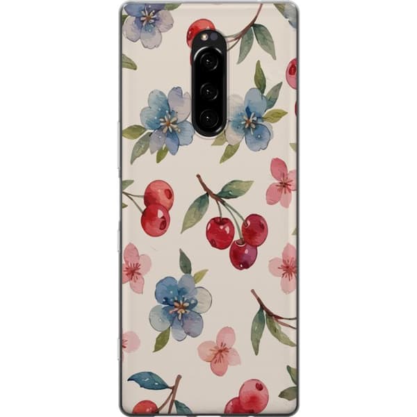 Sony Xperia 1 Gennemsigtig cover Bær & Blomster - mønster med blå blomster og skovbær