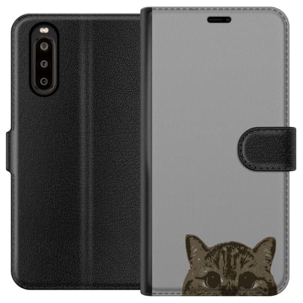 Sony Xperia 10 II Lompakkokotelo Harmaa kissan katse - tyylikäs kissa suunnittelu harmaalla taustalla