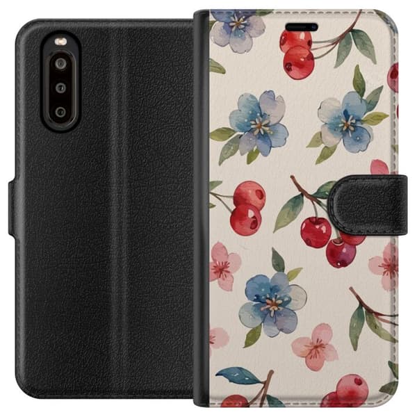 Sony Xperia 10 II Lompakkokotelo Marjat & Kukat - kuvio, jossa on sinisiä kukkia ja metsänmarjoja