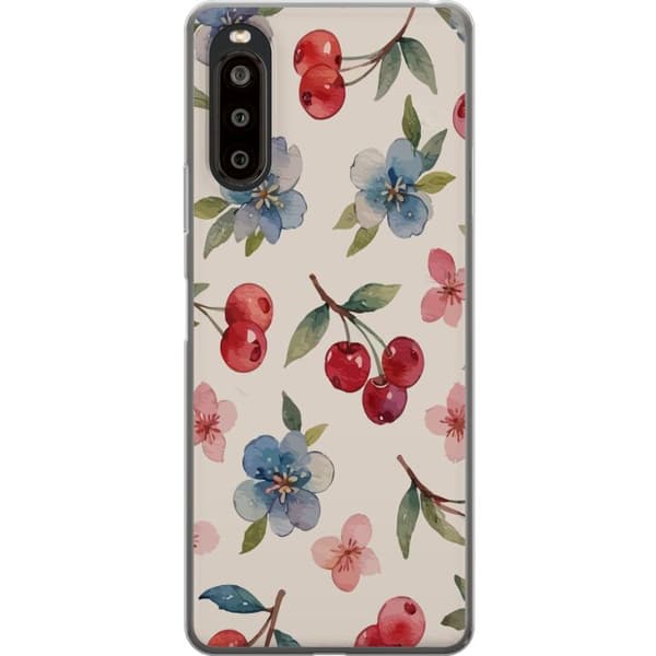 Sony Xperia 10 II Läpinäkyvä kuori Marjat & Kukat - kuvio, jossa on sinisiä kukkia ja metsänmarjoja