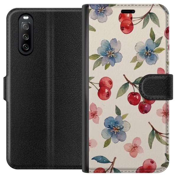 Sony Xperia 10 III Lompakkokotelo Marjat & Kukat - kuvio, jossa on sinisiä kukkia ja metsänmarjoja
