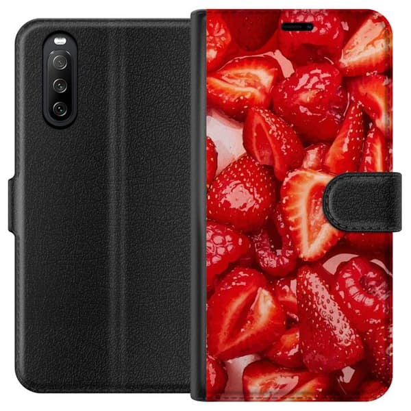 Sony Xperia 10 III Lompakkokotelo Mansikkakuviointi - makea motiivi kesäfiiliksellä