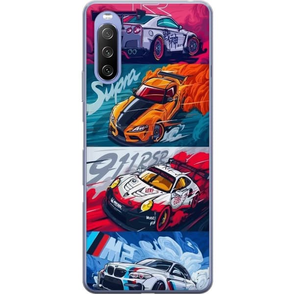Sony Xperia 10 III Läpinäkyvä kuori Nopeat Autot - Piirretty Kuvio Toiminnalla