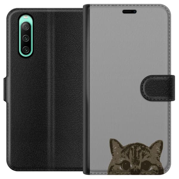 Sony Xperia 10 IV Plånboksfodral Grå Kattblick – stilren kattdesign med grå bakgrund
