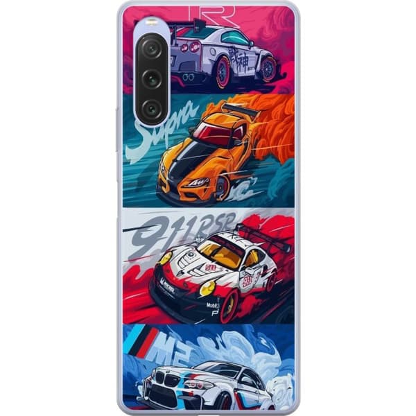 Sony Xperia 10 V Läpinäkyvä kuori Nopeat Autot - Piirretty Kuvio Toiminnalla