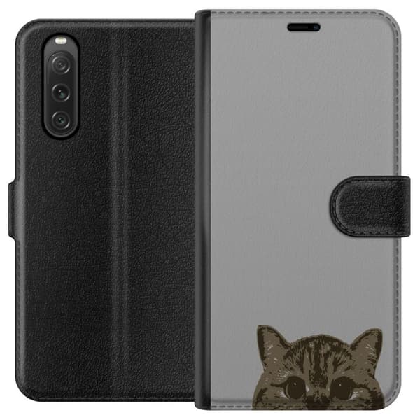 Sony Xperia 10 V Plånboksfodral Grå Kattblick – stilren kattdesign med grå bakgrund