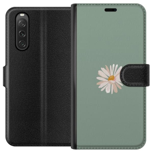 Sony Xperia 10 V Tegnebogsetui Grøn Minimalblomst - stilfuld blomst på grøn baggrund