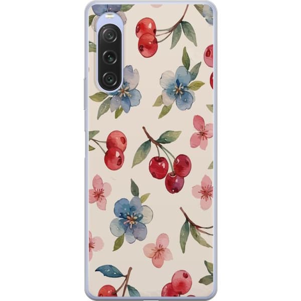 Sony Xperia 10 V Läpinäkyvä kuori Marjat & Kukat - kuvio, jossa on sinisiä kukkia ja metsänmarjoja