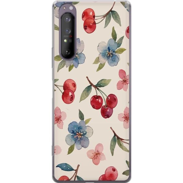 Sony Xperia 1 II Läpinäkyvä kuori Marjat & Kukat - kuvio, jossa on sinisiä kukkia ja metsänmarjoja