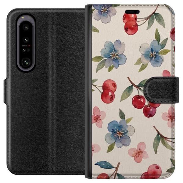 Sony Xperia 1 IV Lommeboketui Bær & Blomster - mønster med blå blomster og skogsbær