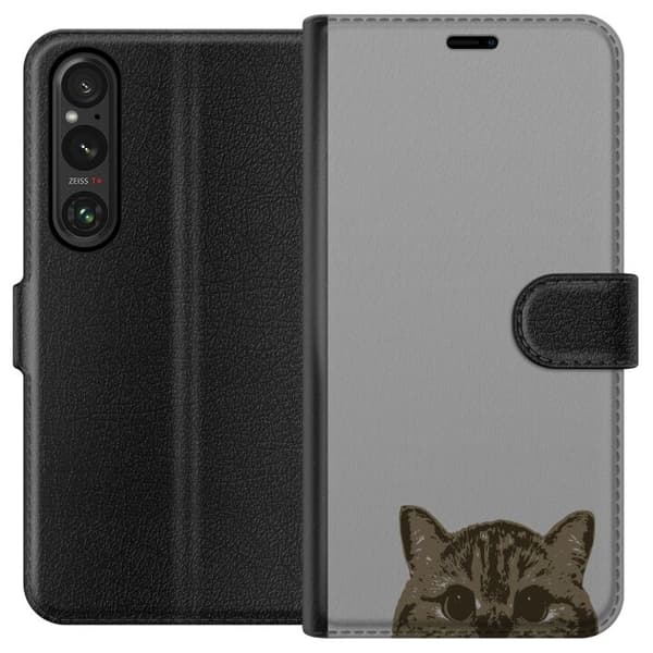 Sony Xperia 1 V Plånboksfodral Grå Kattblick – stilren kattdesign med grå bakgrund