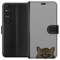 Miniatyrbild 1 av 3: Sony Xperia 1 V Plånboksfodral Grå Kattblick – stilren kattdesign med grå bakgrund
