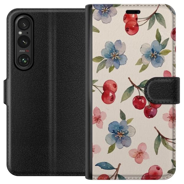 Sony Xperia 1 V Plånboksfodral Bär & Blommor – mönster med blå blommor och skogsbär