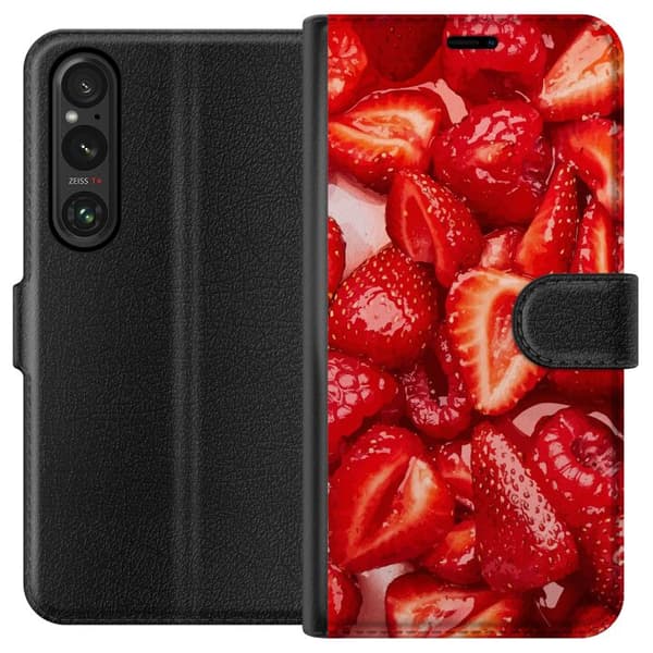 Sony Xperia 1 V Plånboksfodral Jordgubbsmönster – sött motiv med sommarkänsla