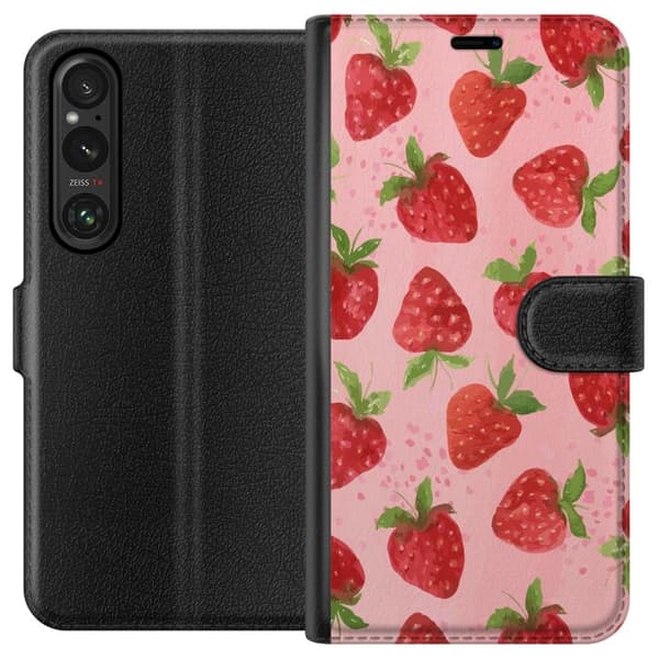 Sony Xperia 1 V Plånboksfodral Strawberry Dreams – jordgubbsmönster i retrostil