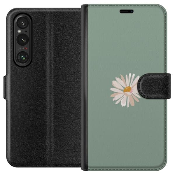 Sony Xperia 1 V Lommeboketui Grønn Minimalblomst - stilren blomst på grønn bakgrunn