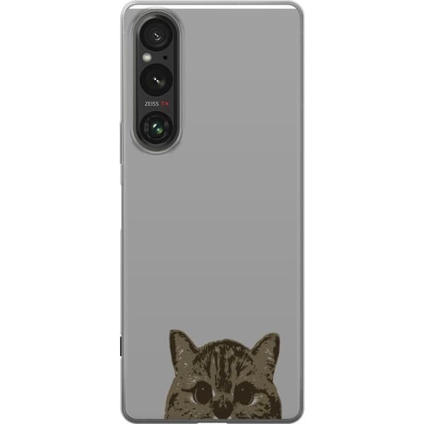 Sony Xperia 1 V Läpinäkyvä kuori Harmaa kissan katse - tyylikäs kissa suunnittelu harmaalla taustalla