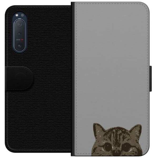 Sony Xperia 5 II Tegnebogsetui Grå Katteblik - stilfuld kat design med grå baggrund
