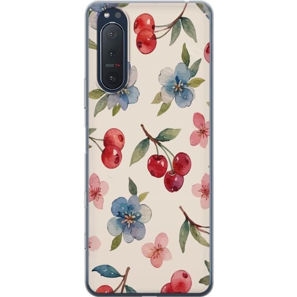 Sony Xperia 5 II Läpinäkyvä kuori Marjat & Kukat - kuvio, jossa on sinisiä kukkia ja metsänmarjoja