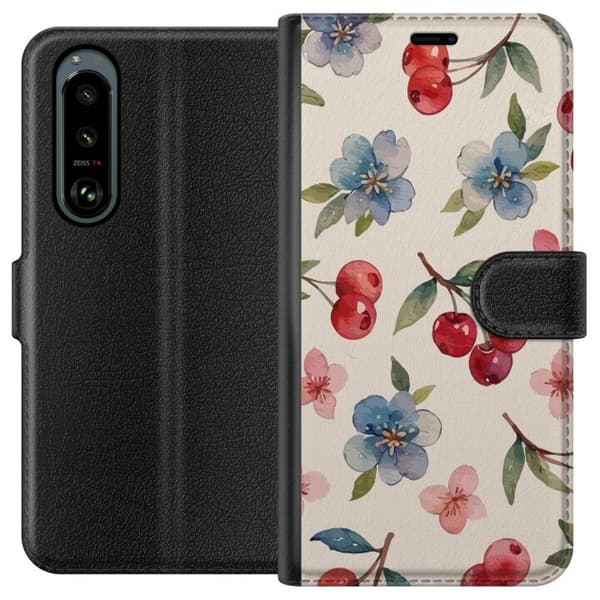 Sony Xperia 5 III Plånboksfodral Bär & Blommor – mönster med blå blommor och skogsbär