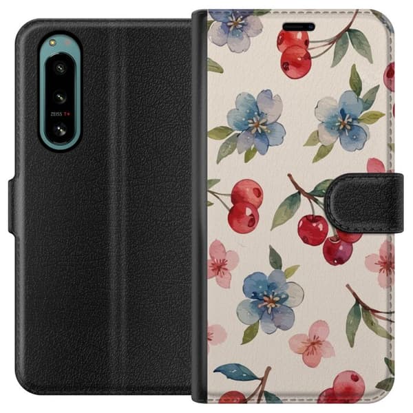 Sony Xperia 5 IV Tegnebogsetui Bær & Blomster - mønster med blå blomster og skovbær