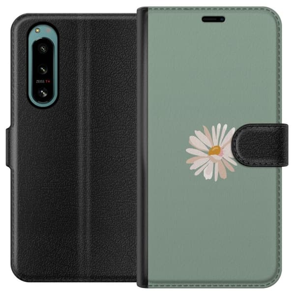 Sony Xperia 5 IV Lompakkokotelo Vihreä Minimalikukka - tyylikäs kukka vihreällä taustalla