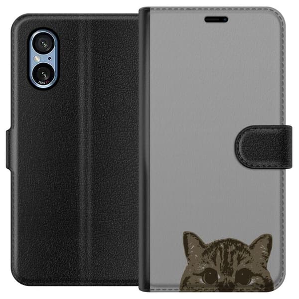 Sony Xperia 5 V Lommeboketui Grå Kattblikk - stilren katte design med grå bakgrunn