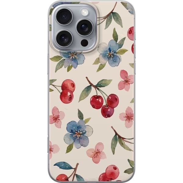 Apple iPhone 16 Pro Max Gennemsigtig cover Bær & Blomster - mønster med blå blomster og skovbær