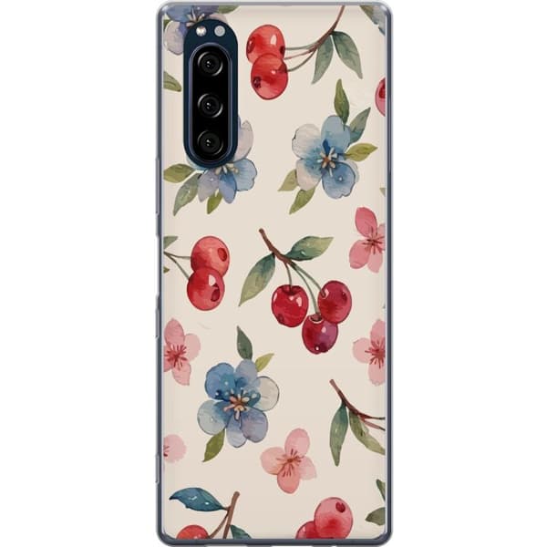 Sony Xperia 5 Läpinäkyvä kuori Marjat & Kukat - kuvio, jossa on sinisiä kukkia ja metsänmarjoja