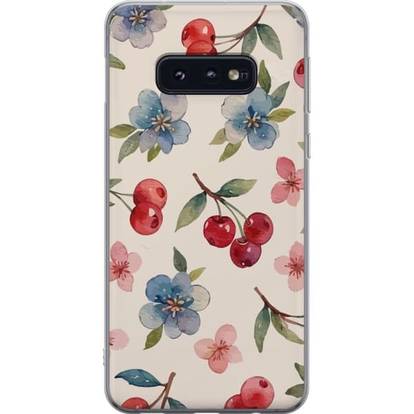 Samsung Galaxy S10e Läpinäkyvä kuori Marjat & Kukat - kuvio, jossa on sinisiä kukkia ja metsänmarjoja