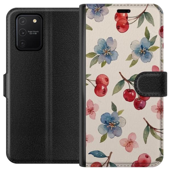 Samsung Galaxy S10 Lite Tegnebogsetui Bær & Blomster - mønster med blå blomster og skovbær