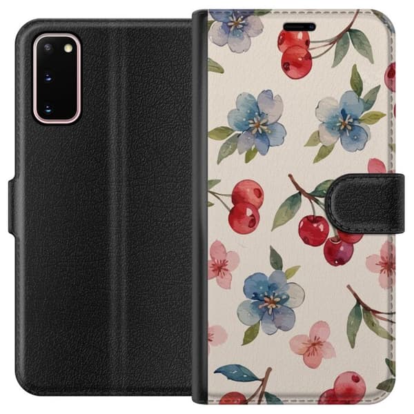 Samsung Galaxy S20 Lommeboketui Bær & Blomster - mønster med blå blomster og skogsbær