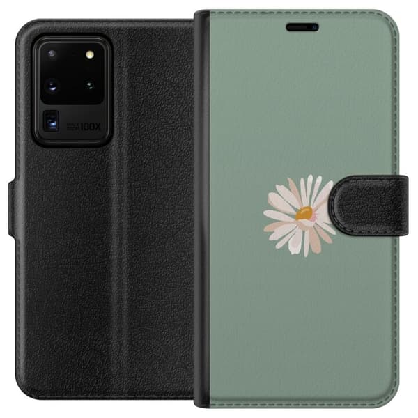 Samsung Galaxy S20 Ultra Plånboksfodral Grön Minimalblomma – stilren blomma på grön bakgrund