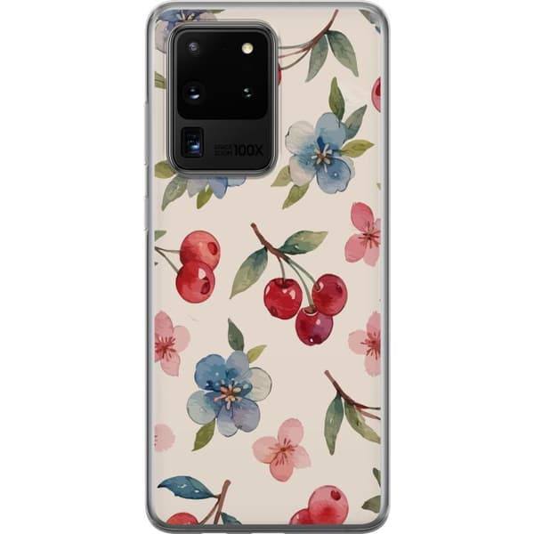 Samsung Galaxy S20 Ultra Läpinäkyvä kuori Marjat & Kukat - kuvio, jossa on sinisiä kukkia ja metsänmarjoja