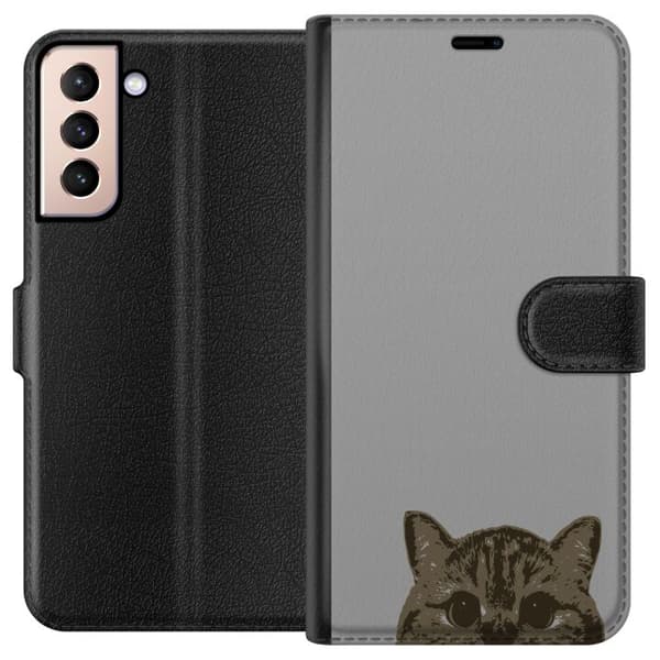 Samsung Galaxy S21 Plånboksfodral Grå Kattblick – stilren kattdesign med grå bakgrund