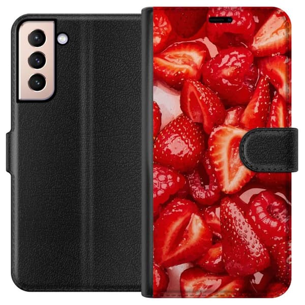 Samsung Galaxy S21 Plånboksfodral Jordgubbsmönster – sött motiv med sommarkänsla