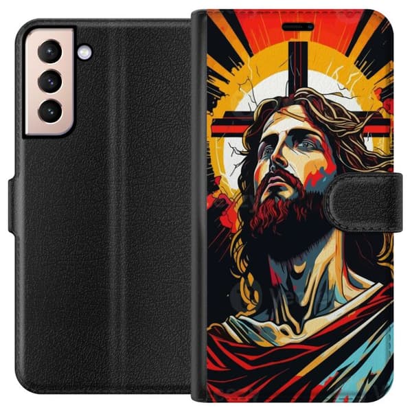 Samsung Galaxy S21 Plånboksfodral Jesus & Kort – religiöst motiv med djup symbolik