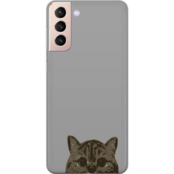 Samsung Galaxy S21 Genomskinligt Skal Grå Kattblick – stilren kattdesign med grå bakgrund