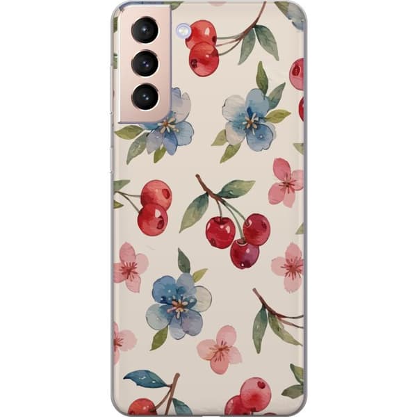 Samsung Galaxy S21 Gennemsigtig cover Bær & Blomster - mønster med blå blomster og skovbær