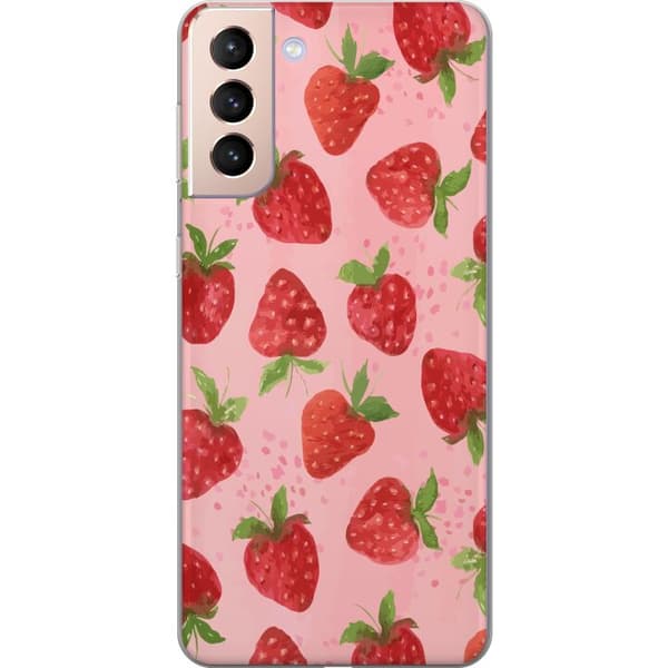 Samsung Galaxy S21 Genomskinligt Skal Strawberry Dreams – jordgubbsmönster i retrostil