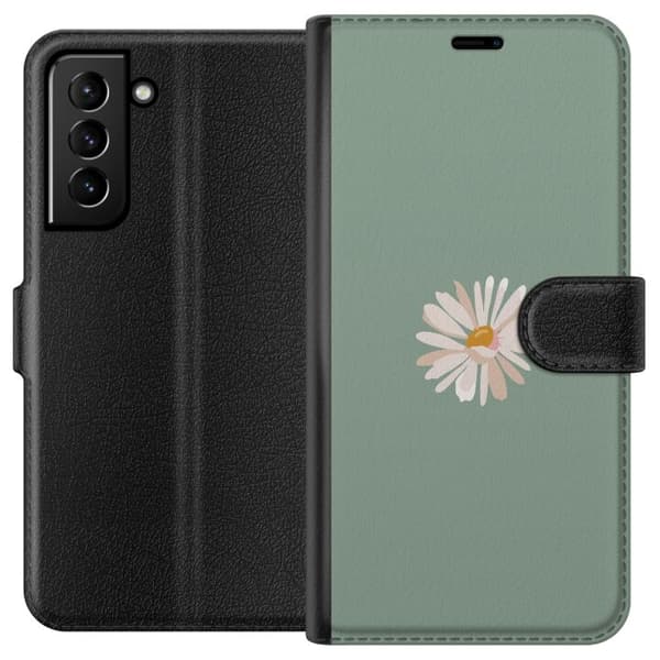 Samsung Galaxy S21+ 5G Plånboksfodral Grön Minimalblomma – stilren blomma på grön bakgrund
