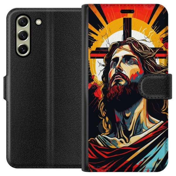 Samsung Galaxy S21 FE 5G Lompakkokotelo Jeesus ja Kortti - uskonnollinen motiivi syvällä symboliikalla