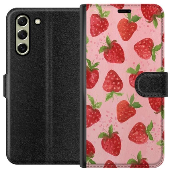 Samsung Galaxy S21 FE 5G Plånboksfodral Strawberry Dreams – jordgubbsmönster i retrostil