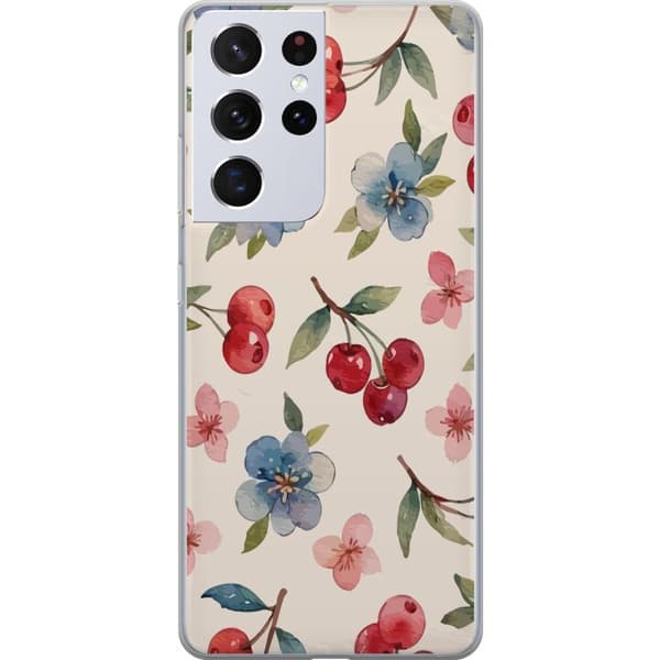 Samsung Galaxy S21 Ultra 5G Genomskinligt Skal Bär & Blommor – mönster med blå blommor och skogsbär