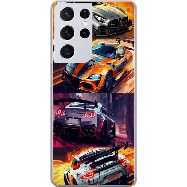 Samsung Galaxy S21 Ultra 5G Genomskinligt Skal Rally Fever – fartfyllt motiv med rallybilar