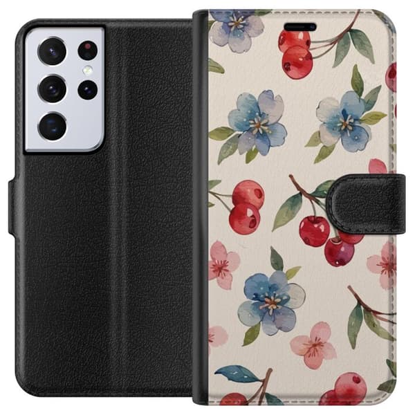 Samsung Galaxy S21 Ultra 5G Tegnebogsetui Bær & Blomster - mønster med blå blomster og skovbær