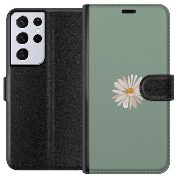 Samsung Galaxy S21 Ultra 5G Tegnebogsetui Grøn Minimalblomst - stilfuld blomst på grøn baggrund