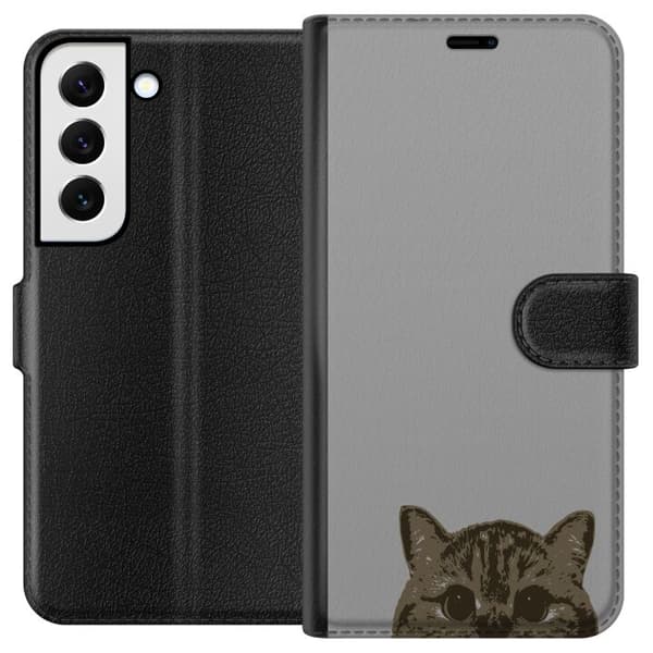 Samsung Galaxy S22 5G Lommeboketui Grå Kattblikk - stilren katte design med grå bakgrunn